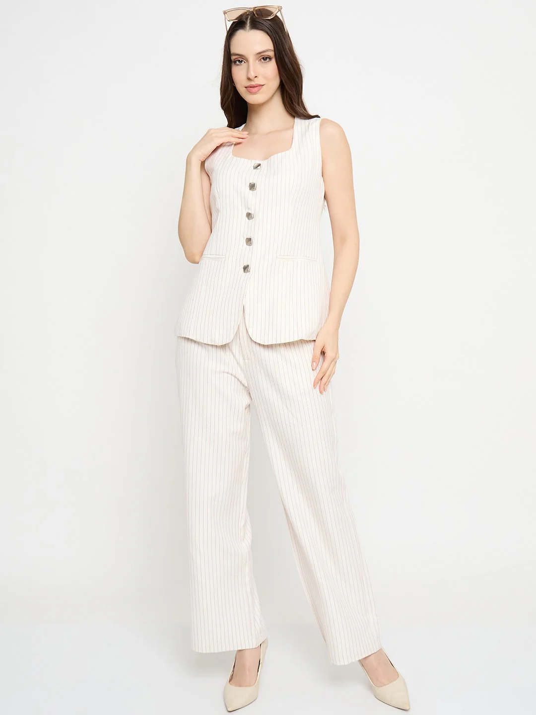 Madame Striped Top and Straight Bottoms Off White Co-ord Set - Image 3