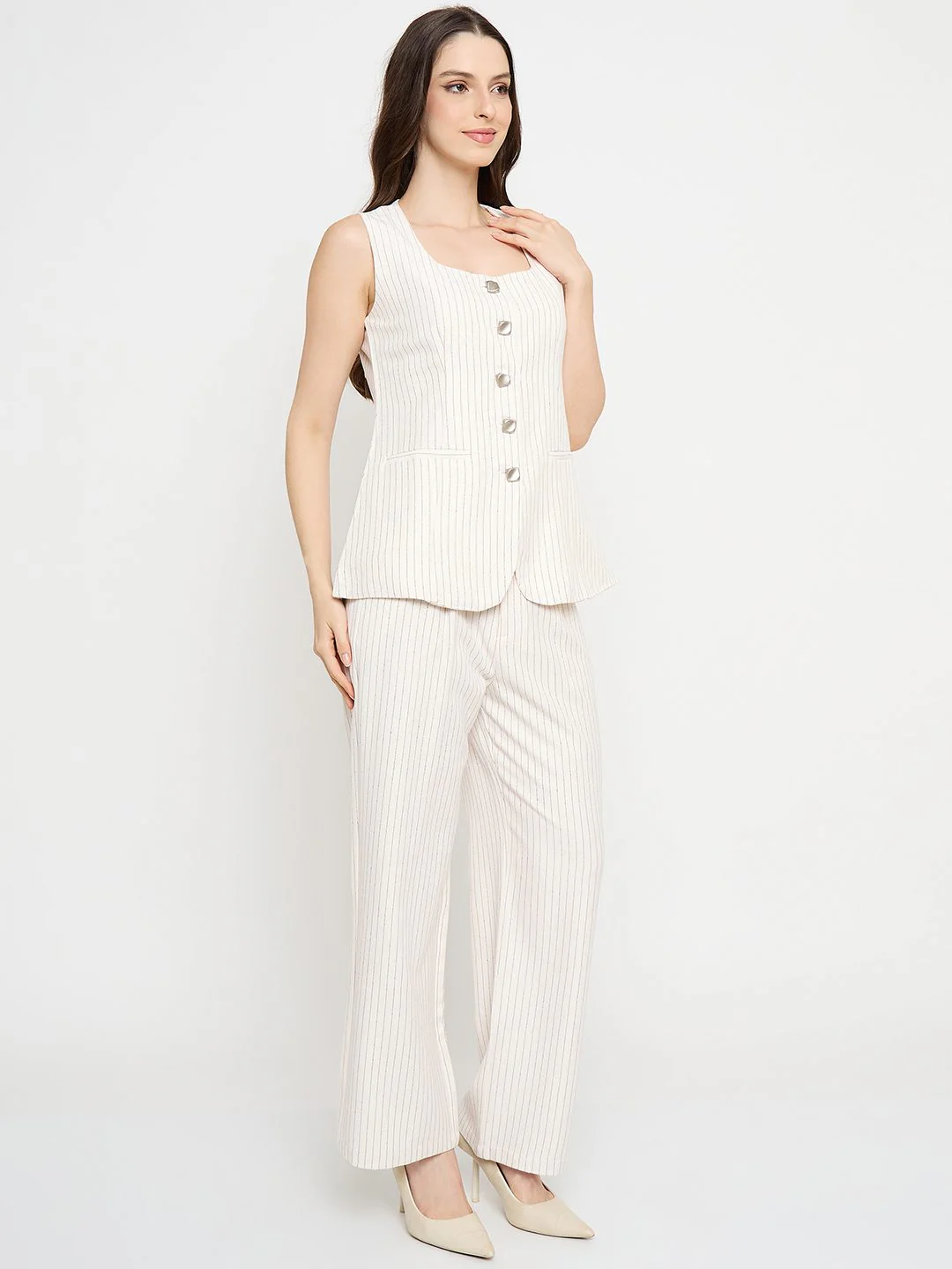 Madame Striped Top and Straight Bottoms Off White Co-ord Set - Image 4