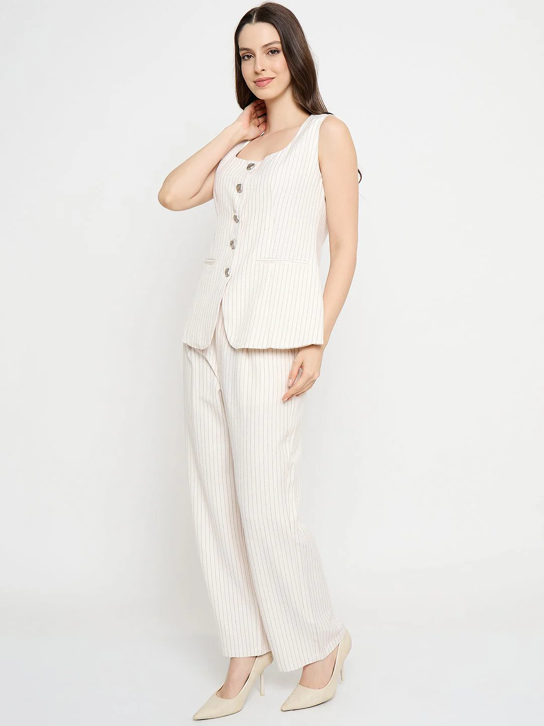 Madame Striped Top and Straight Bottoms Off White Co-ord Set - Image 5