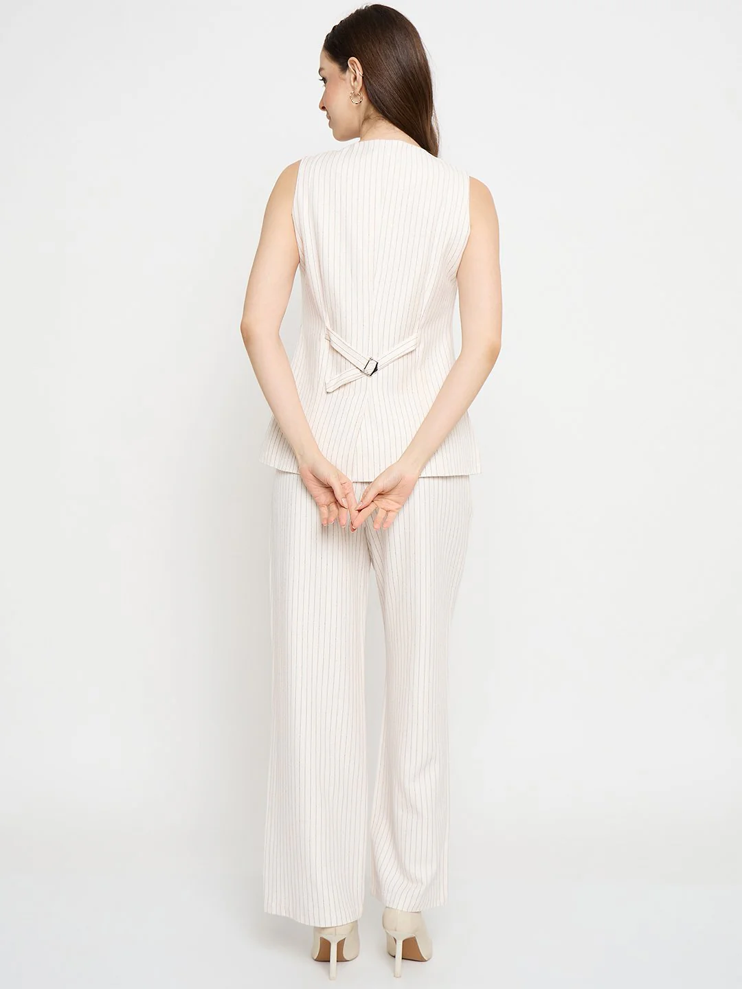 Madame Striped Top and Straight Bottoms Off White Co-ord Set - Image 6