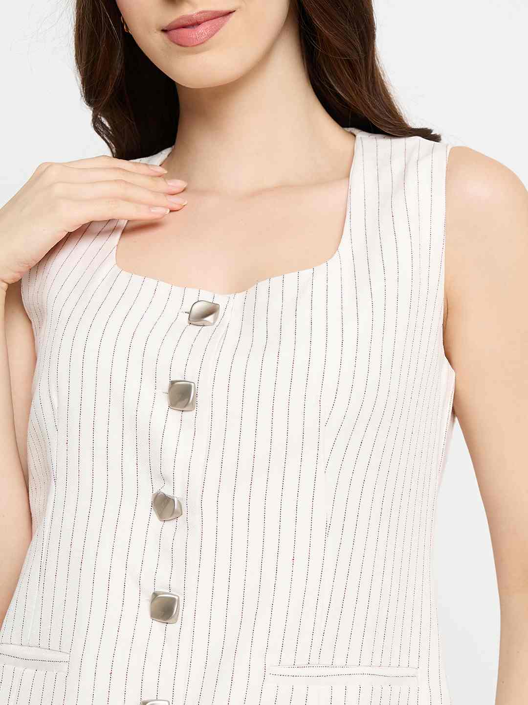 Madame Striped Top and Straight Bottoms Off White Co-ord Set - Image 8