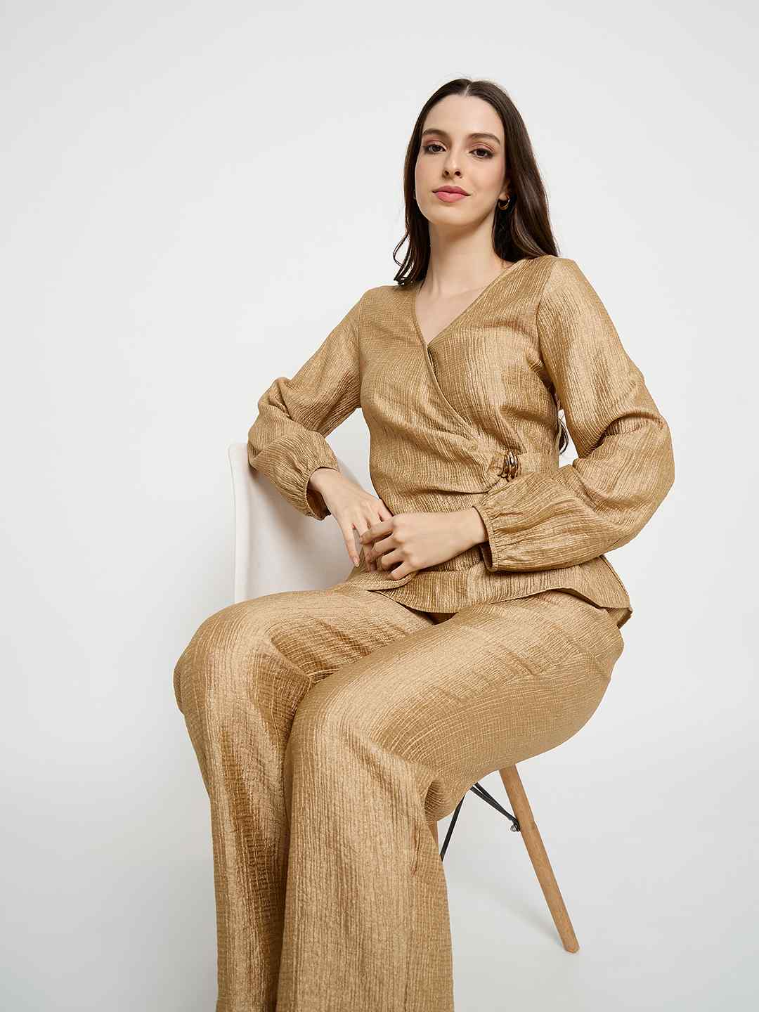 Madame Tie Knot Top and Straight Bottoms Golden Yellow Co-ord Set - Image 2