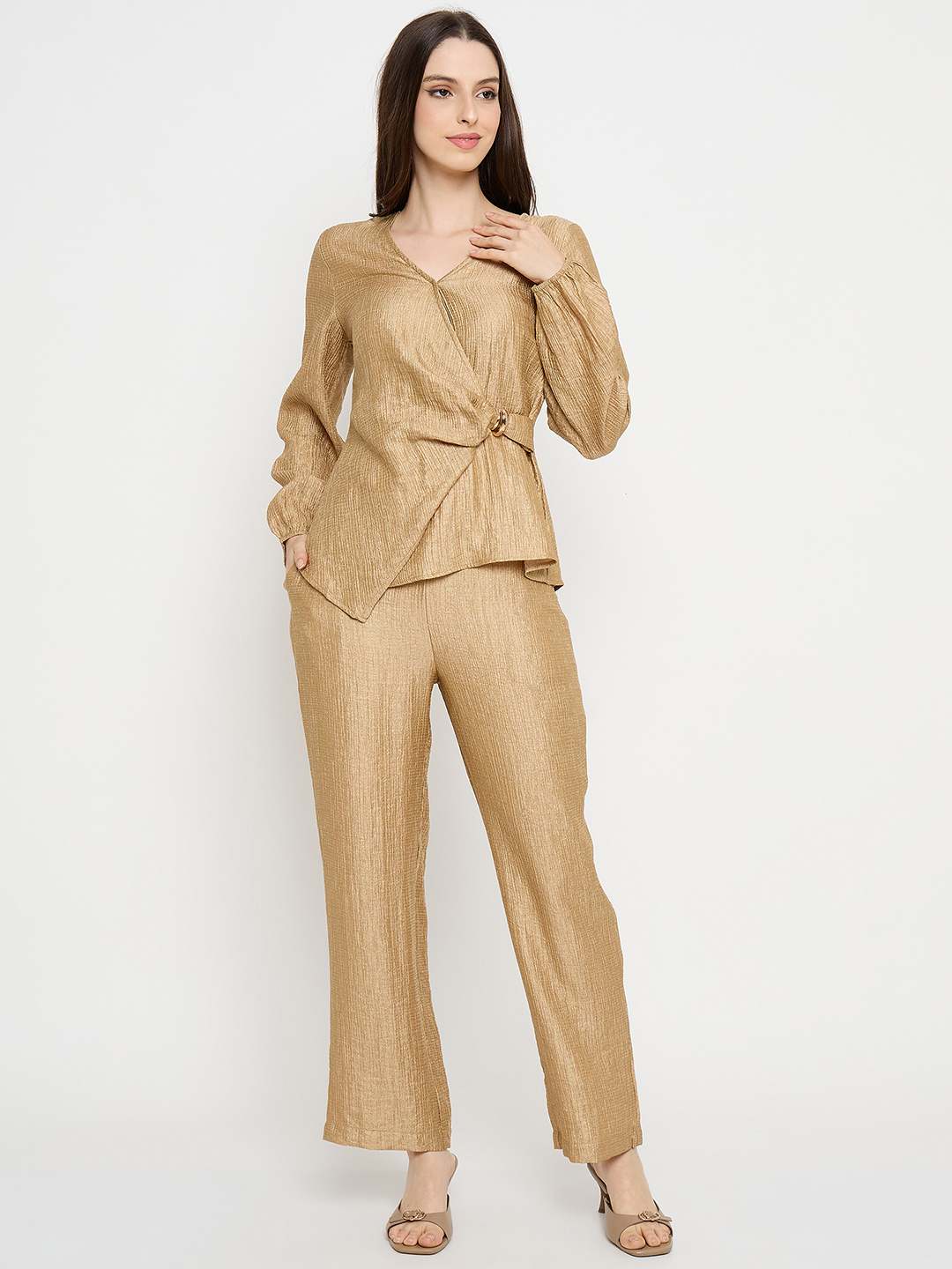 Madame Tie Knot Top and Straight Bottoms Golden Yellow Co-ord Set - Image 3