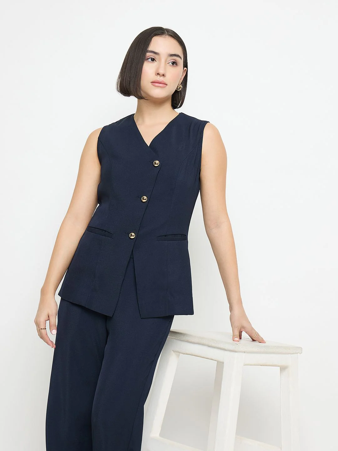 Madame Solid Straight Fit Navy Blue Trousers - Image 3