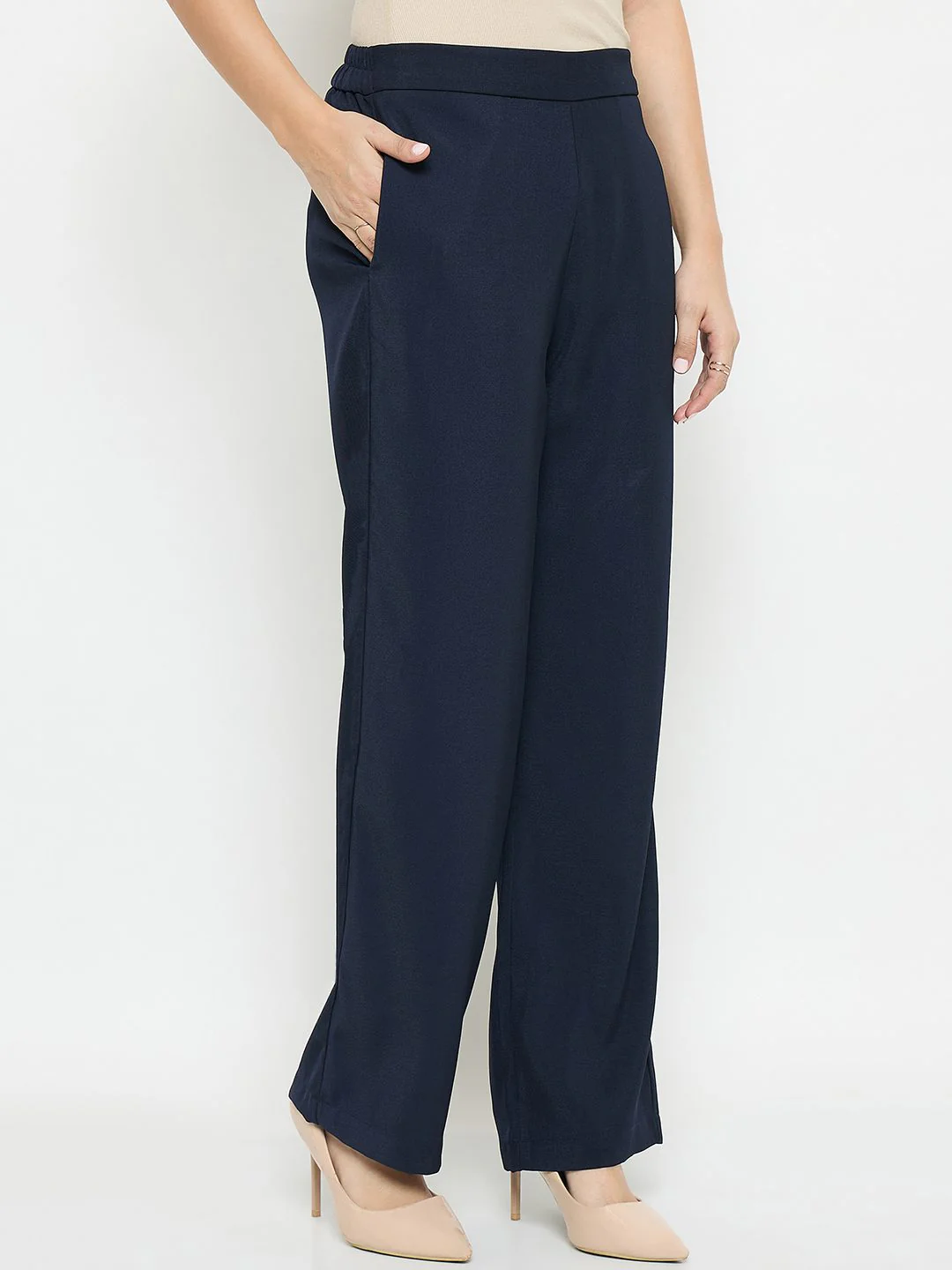 Madame Solid Straight Fit Navy Blue Trousers - Image 4
