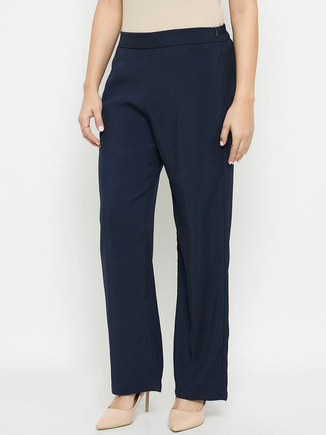 Madame Solid Straight Fit Navy Blue Trousers - Image 5