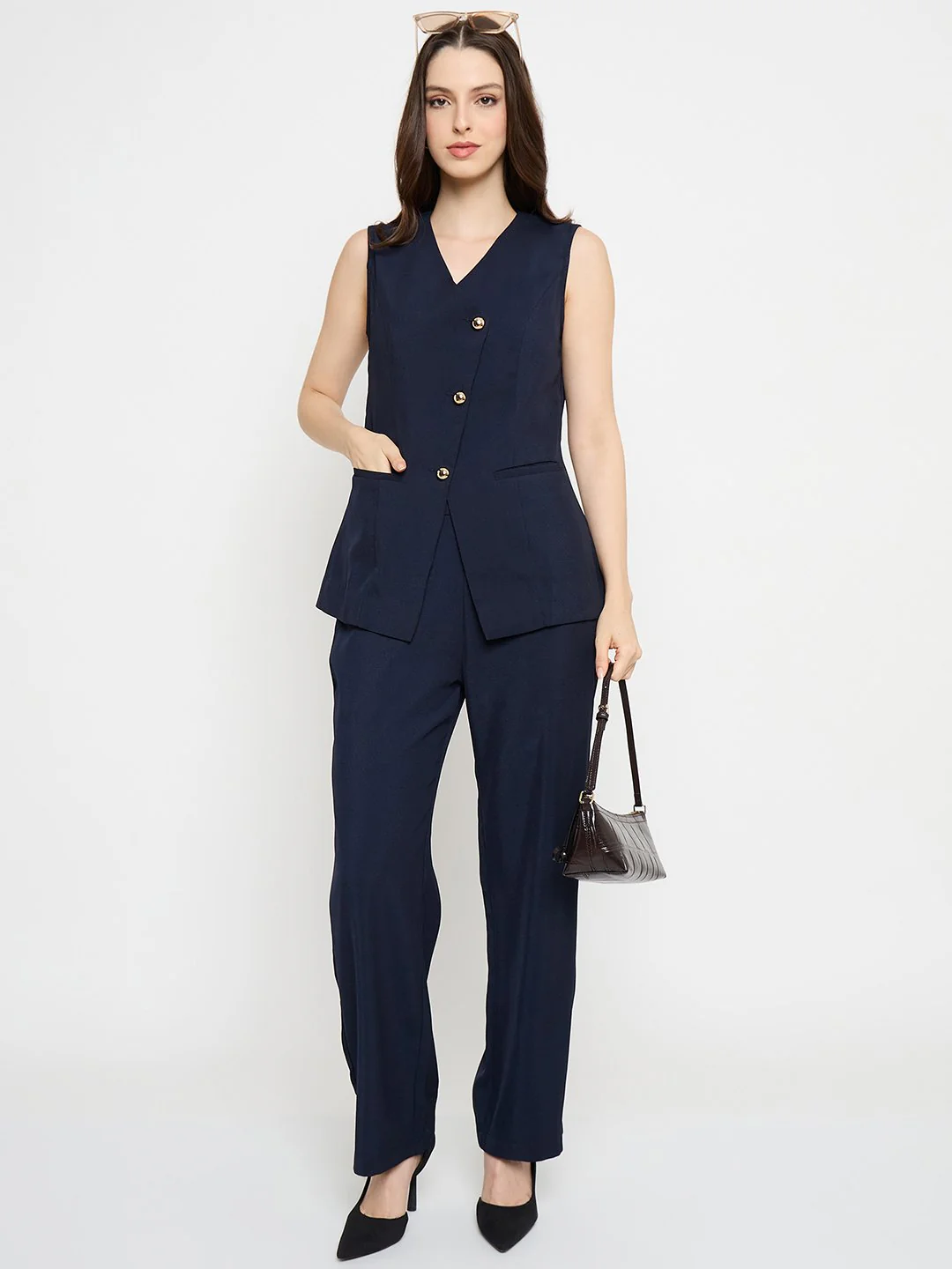 Madame Asymmetrical Neck Navy Blue Top - Image 3