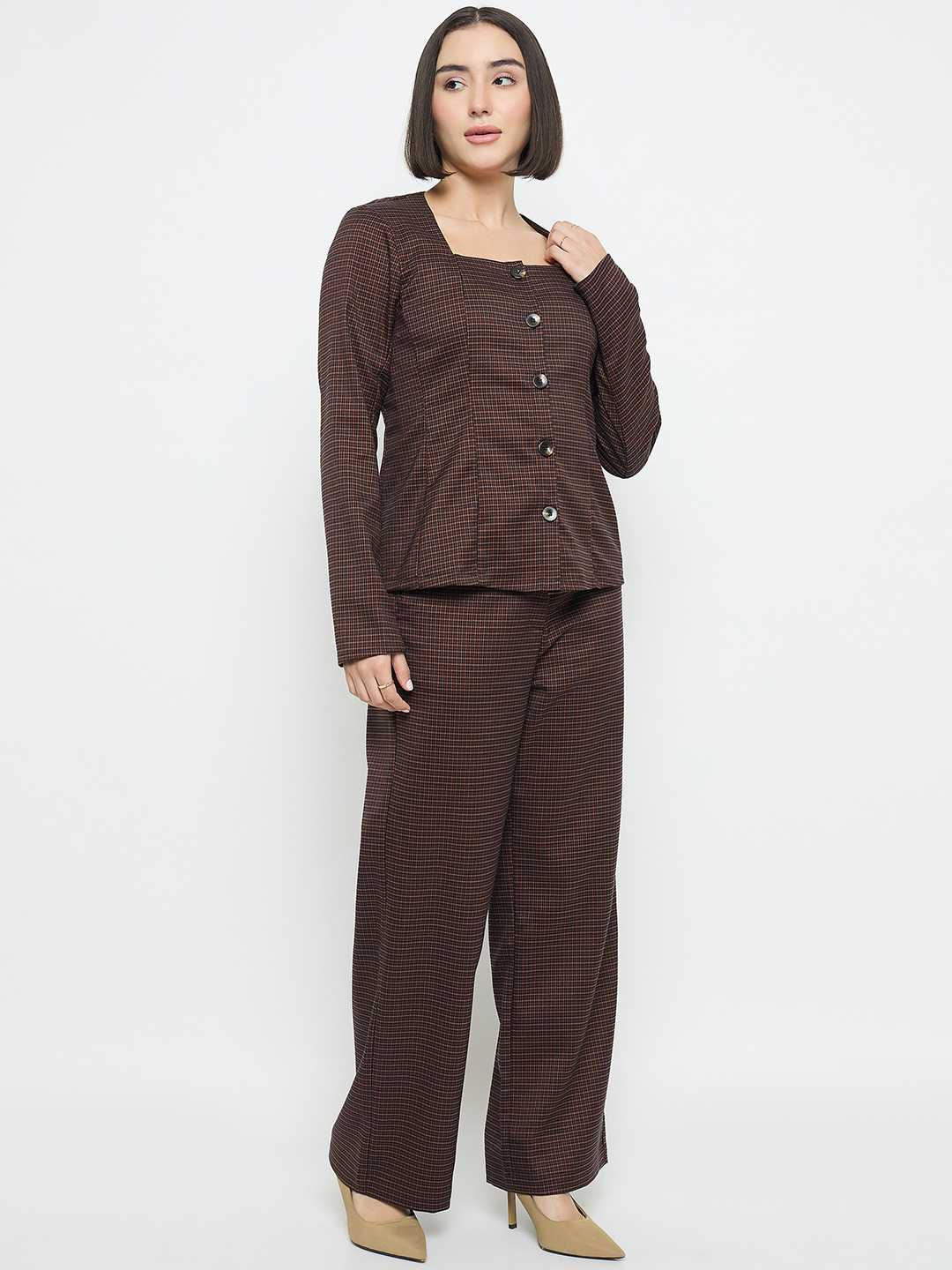Madame Solid Button Down Brown Top - Image 4