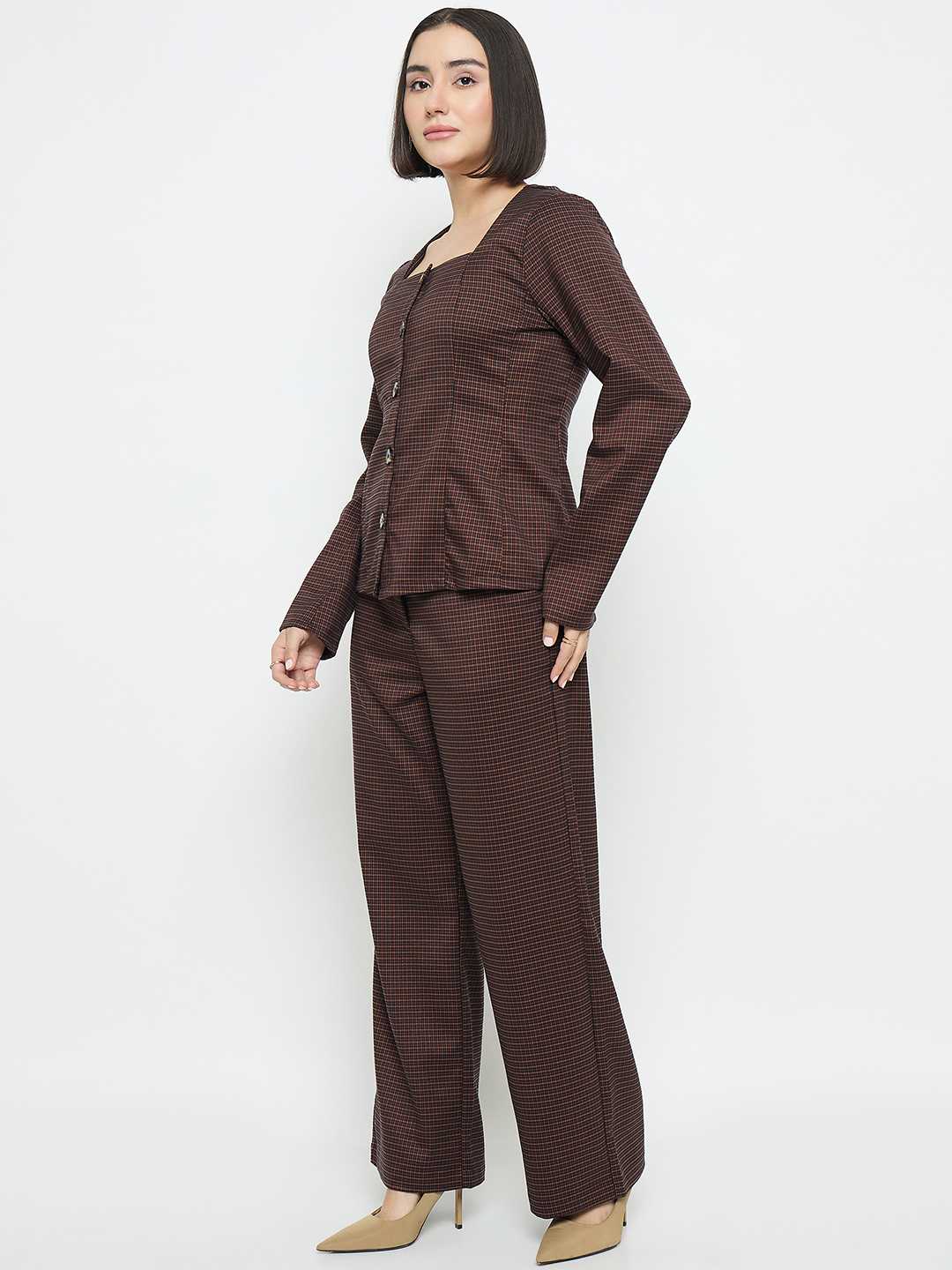 Madame Solid Button Down Brown Top - Image 5