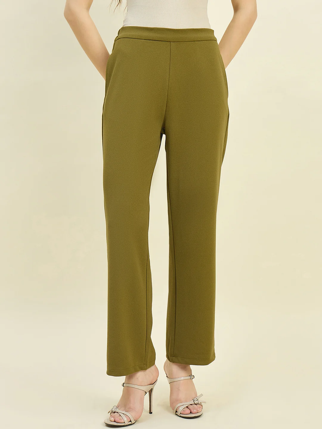 Madame Solid Olive Straight Fit Trousers - Image 2