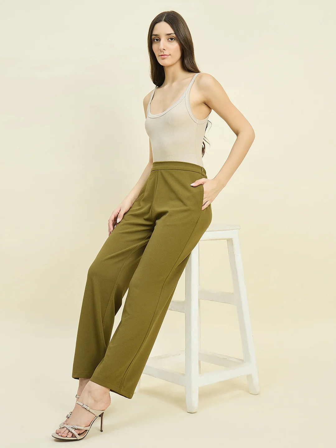 Madame Solid Olive Straight Fit Trousers - Image 4
