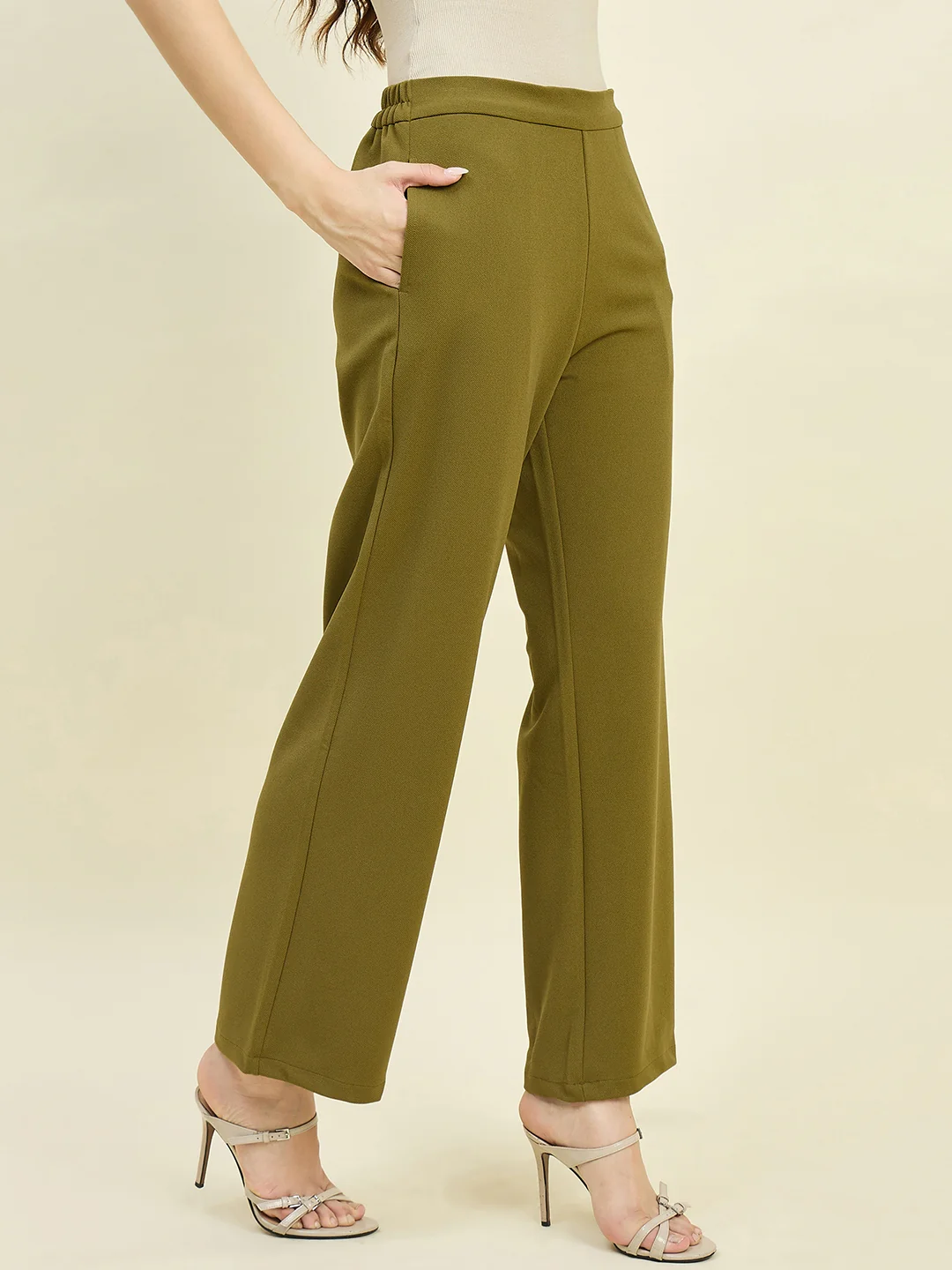 Madame Solid Olive Straight Fit Trousers - Image 6