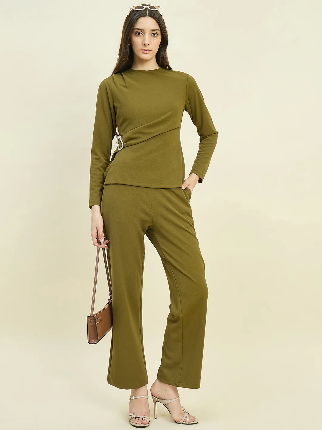 Madame Solid Olive Top with  Buckle Accent - Image 3