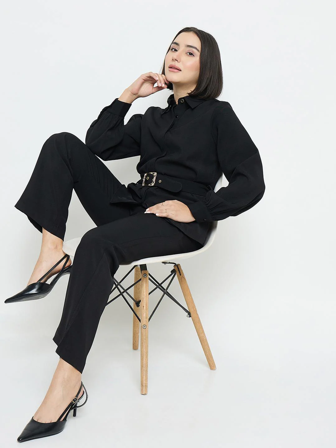 Madame Solid Belted Black Shirt - Image 2