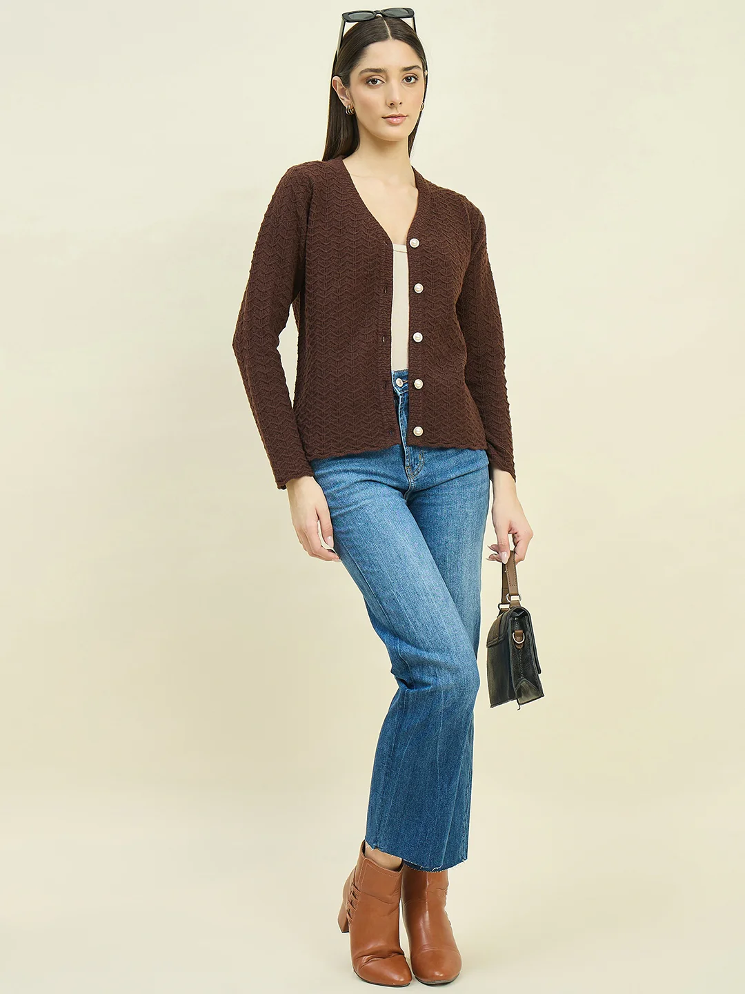 Madame Brown Rayon Blend V-Neck Cardigan - Image 3