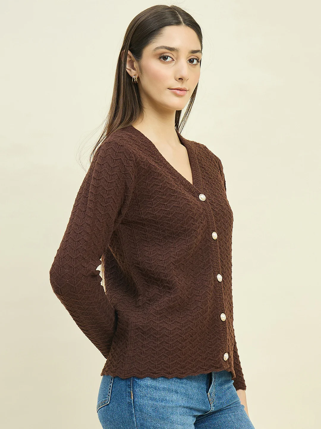Madame Brown Rayon Blend V-Neck Cardigan - Image 4