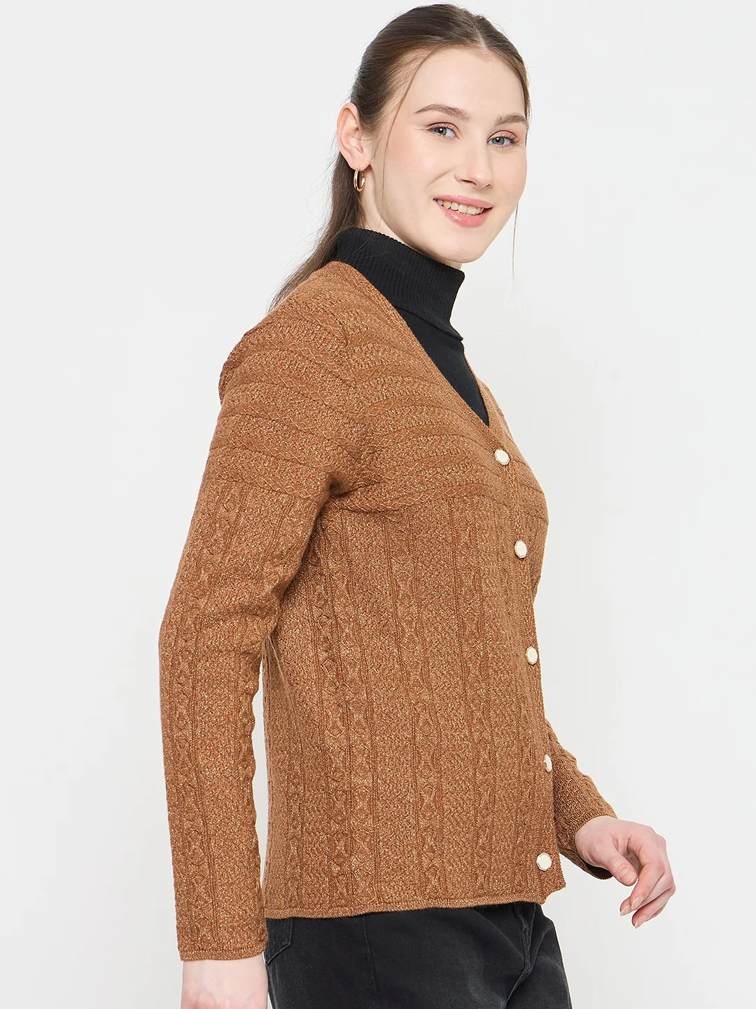 Madame Brown V-Neck Cardigan with Buttons - Image 4