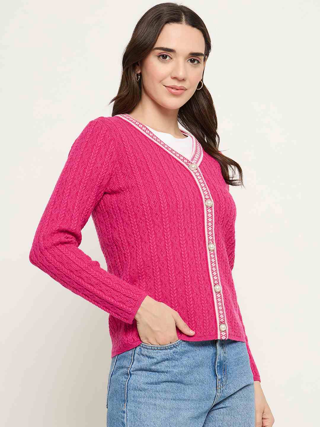 Madame V-neck Hot Pink Cardigan - Image 4