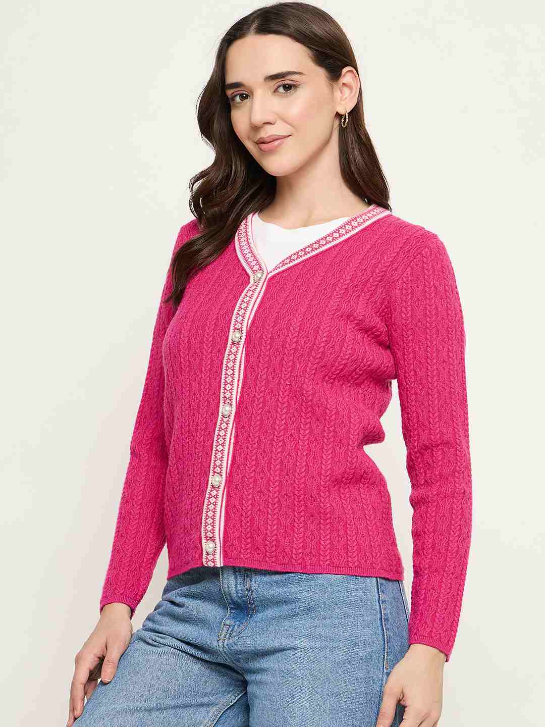 Madame V-neck Hot Pink Cardigan - Image 5