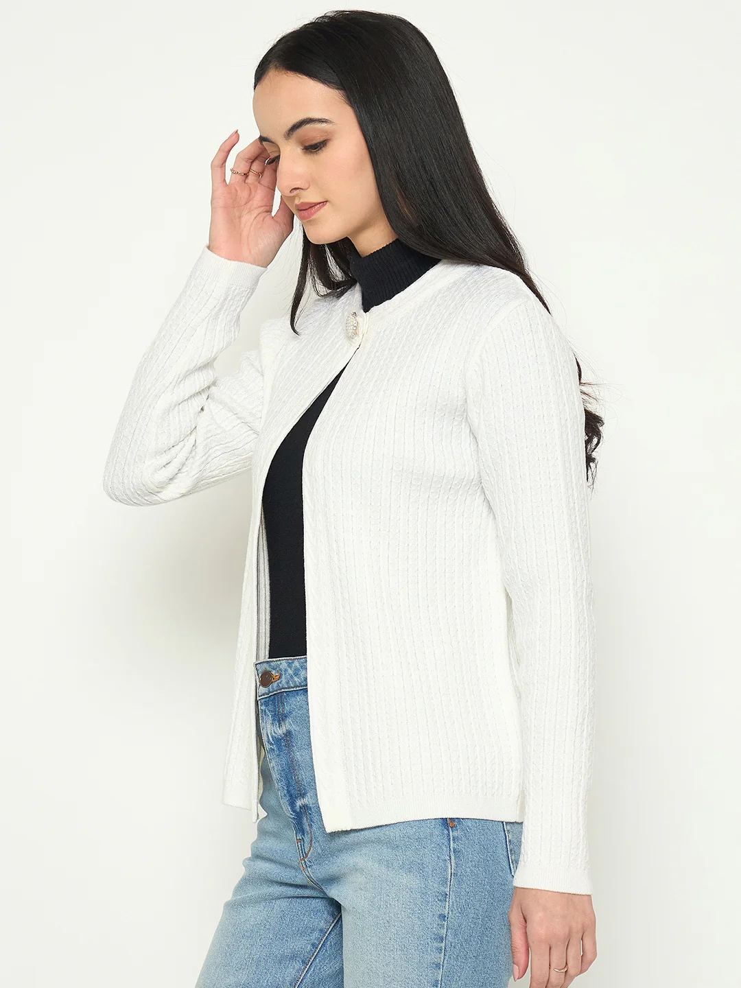 Madame White Single Button Off White Cardigan - Image 4