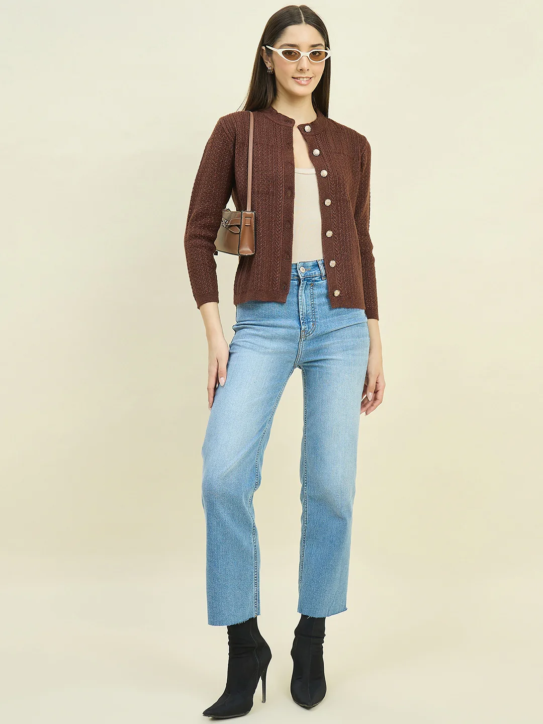 Madame Round Neck Brown Buttoned Cardigan - Image 3
