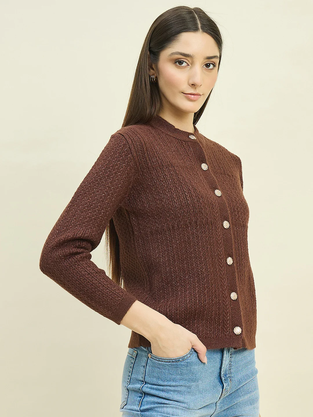 Madame Round Neck Brown Buttoned Cardigan - Image 4