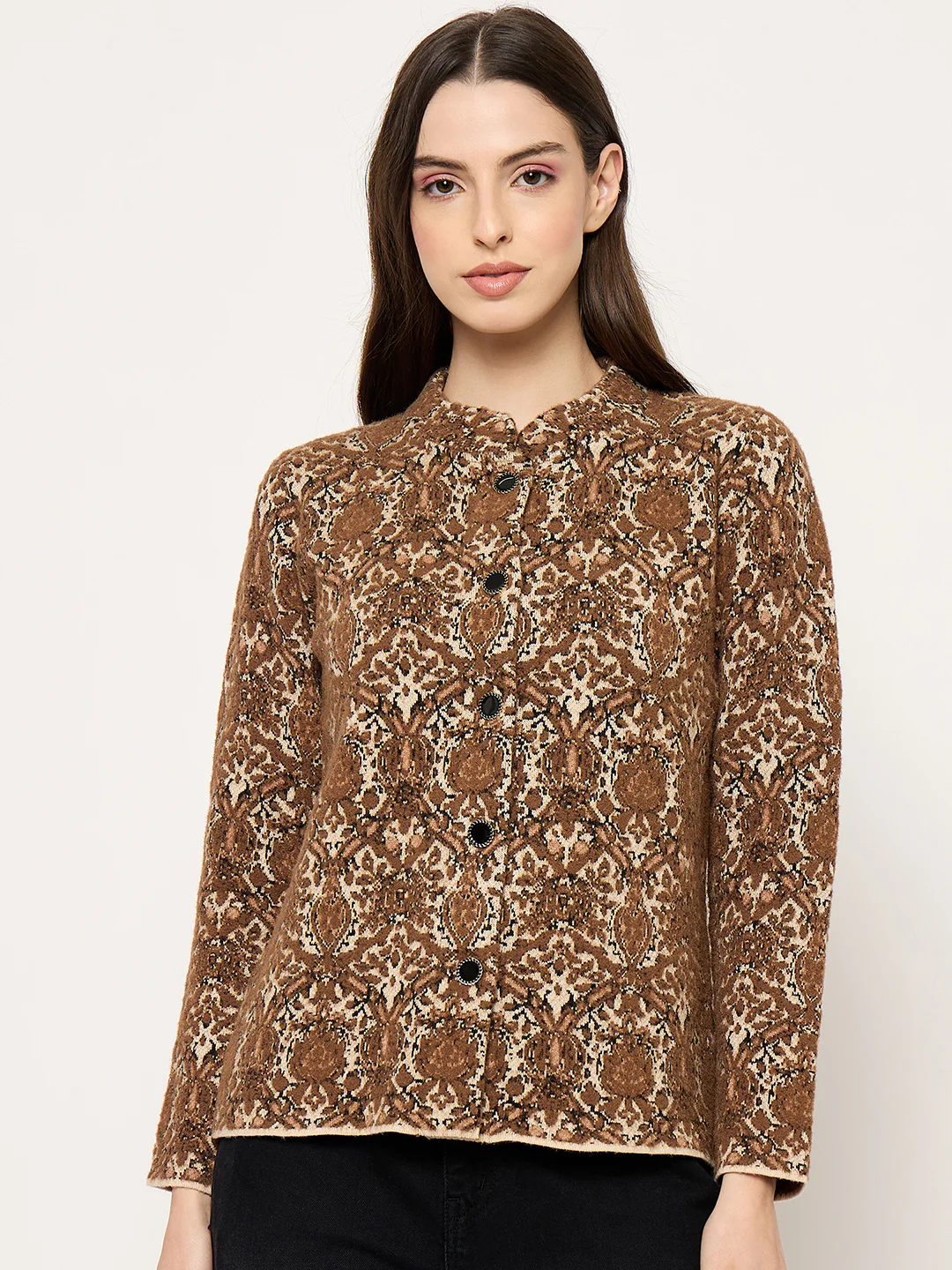 Madame Printed Brown Cardigan with Buttons - Image 2