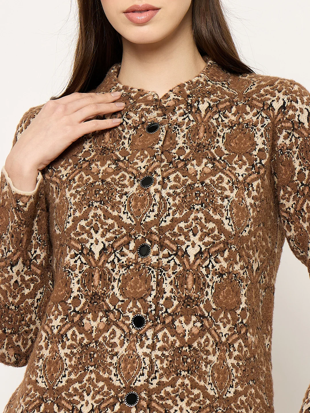 Madame Printed Brown Cardigan with Buttons - Image 7