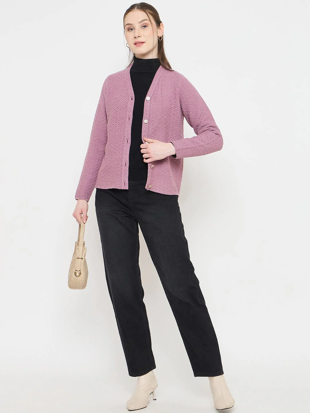 Madame V-Neck Pink Cardigan with  Buttons - Image 3