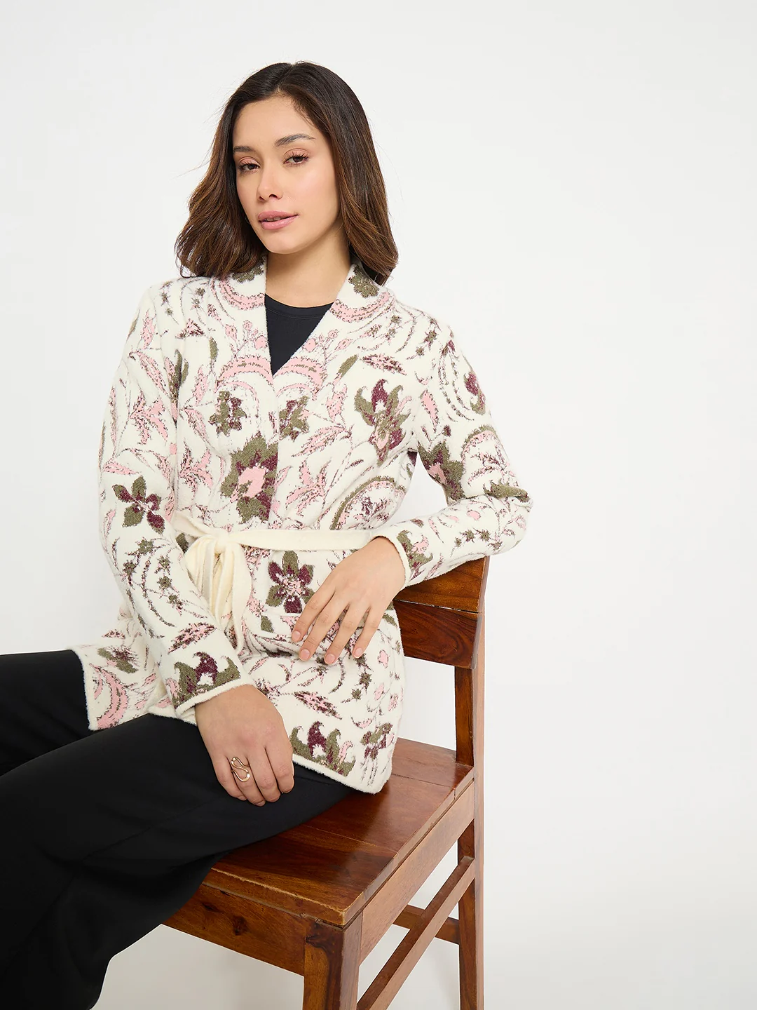 Madame Printed Beige Shrug with Belt - Image 2