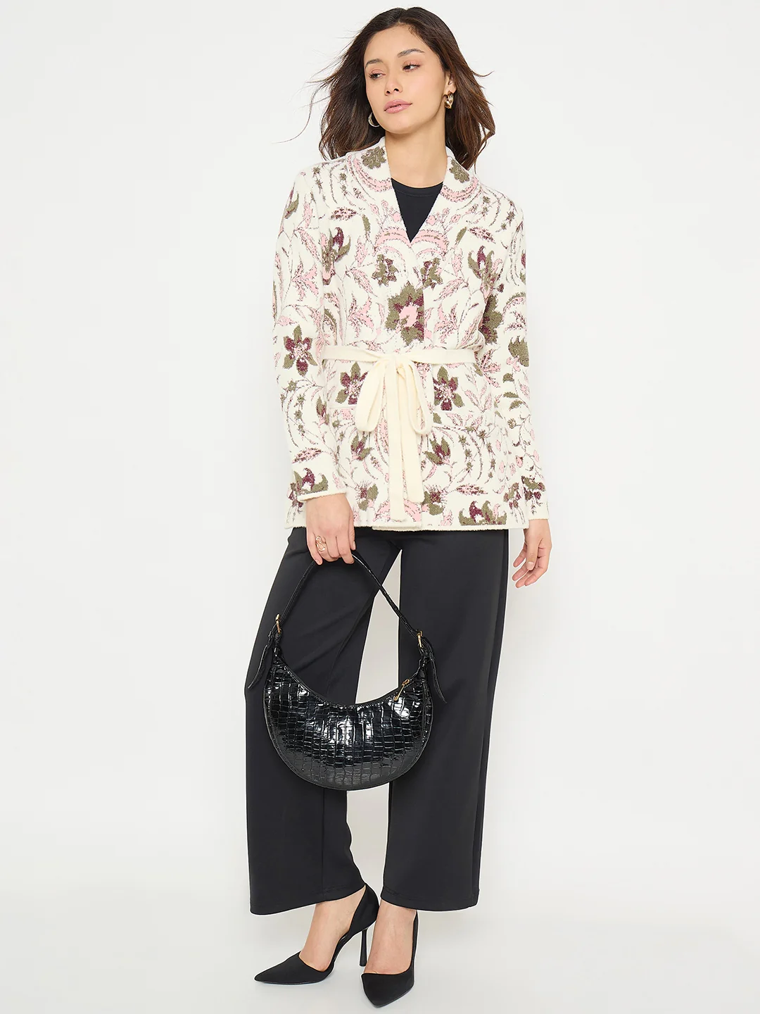 Madame Printed Beige Shrug with Belt - Image 3