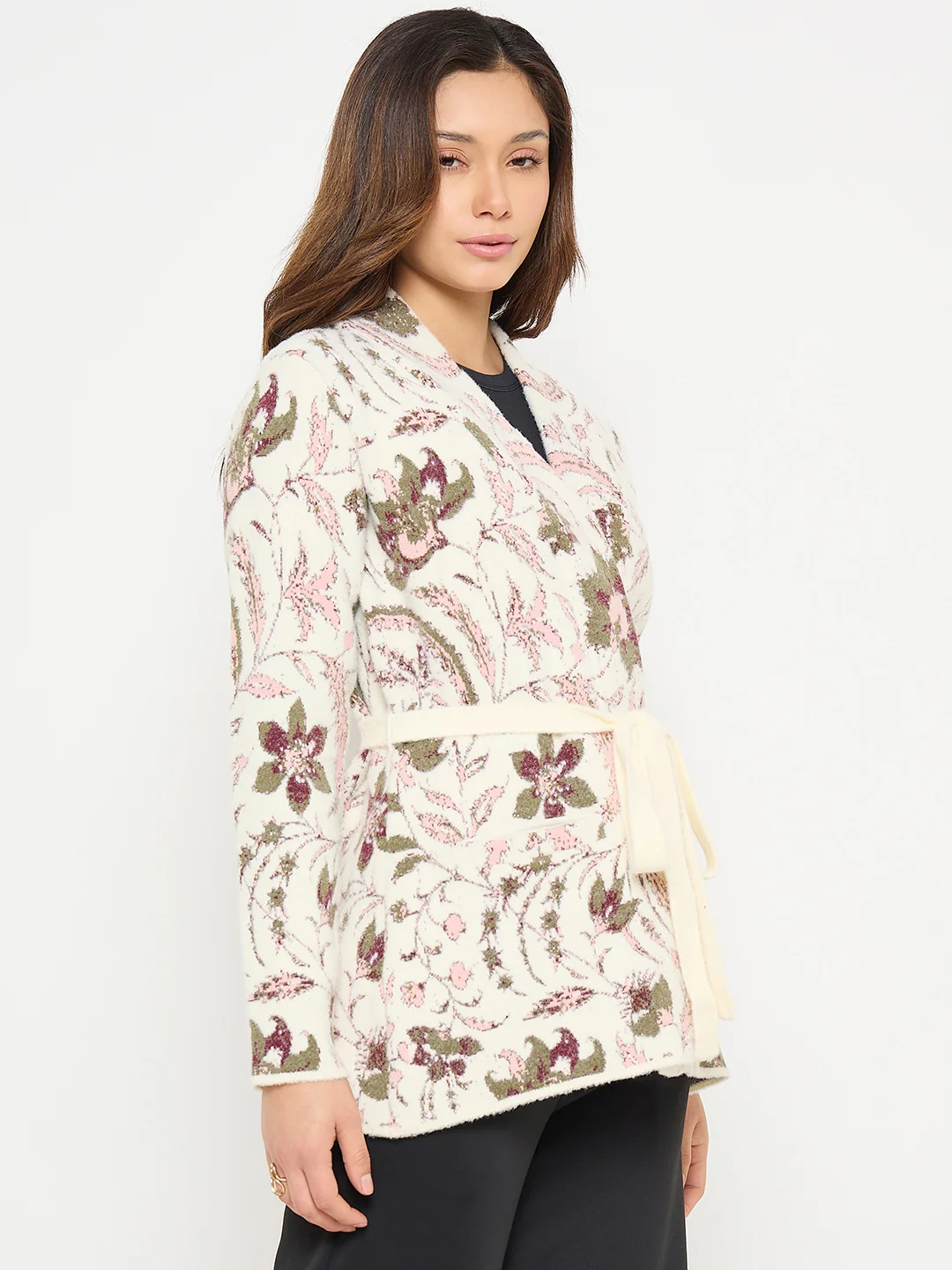 Madame Printed Beige Shrug with Belt - Image 4