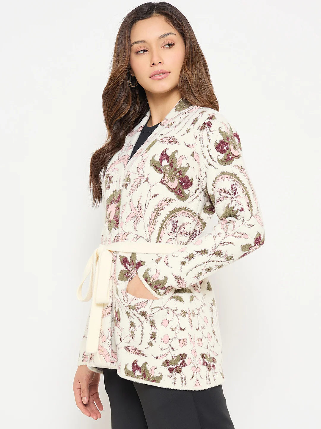 Madame Printed Beige Shrug with Belt - Image 5