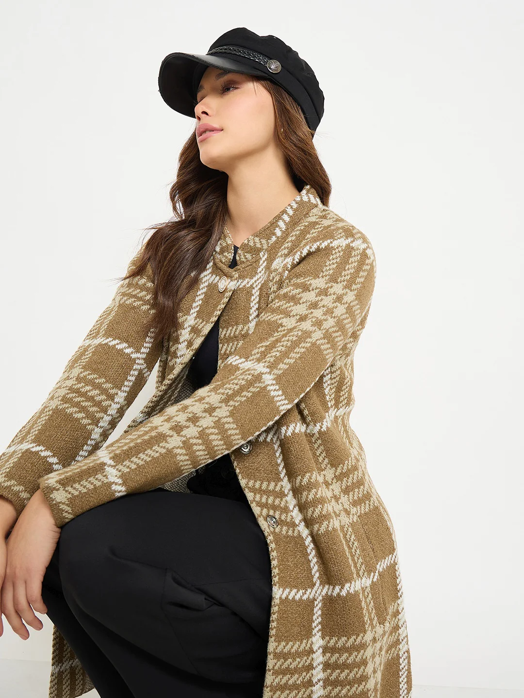 Madame Checkered Long Cardigan with Buttons - Image 2