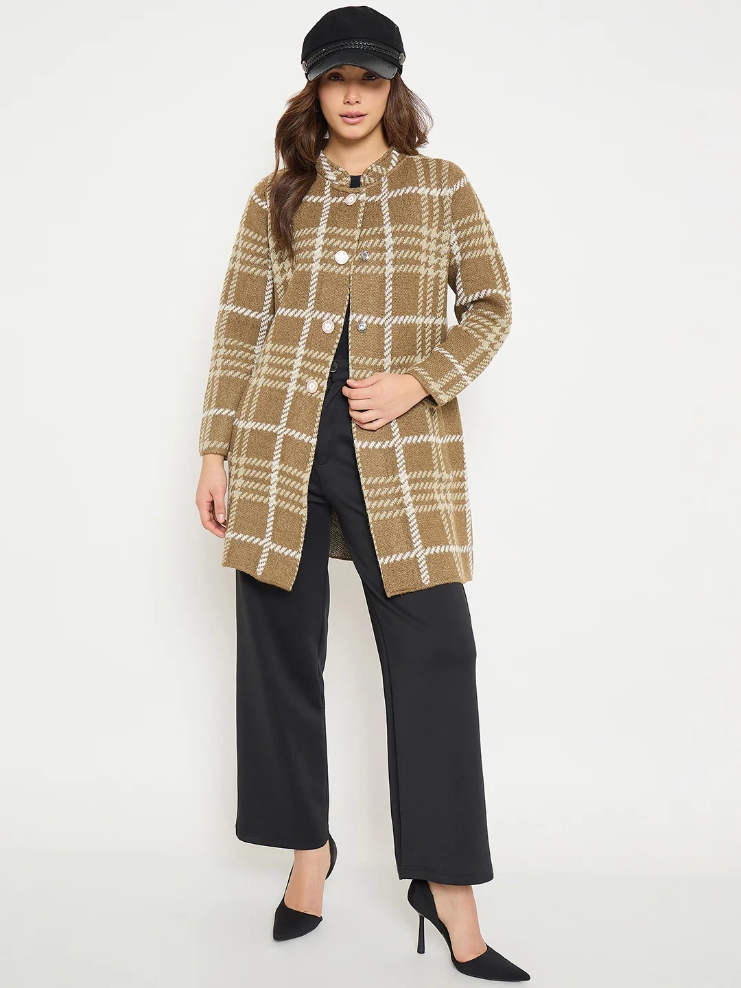 Madame Checkered Long Cardigan with Buttons - Image 3