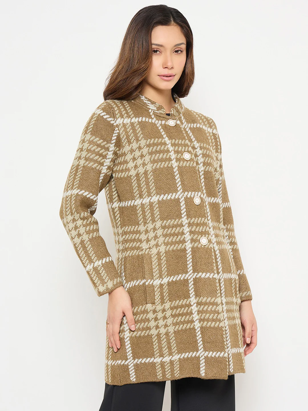 Madame Checkered Long Cardigan with Buttons - Image 4