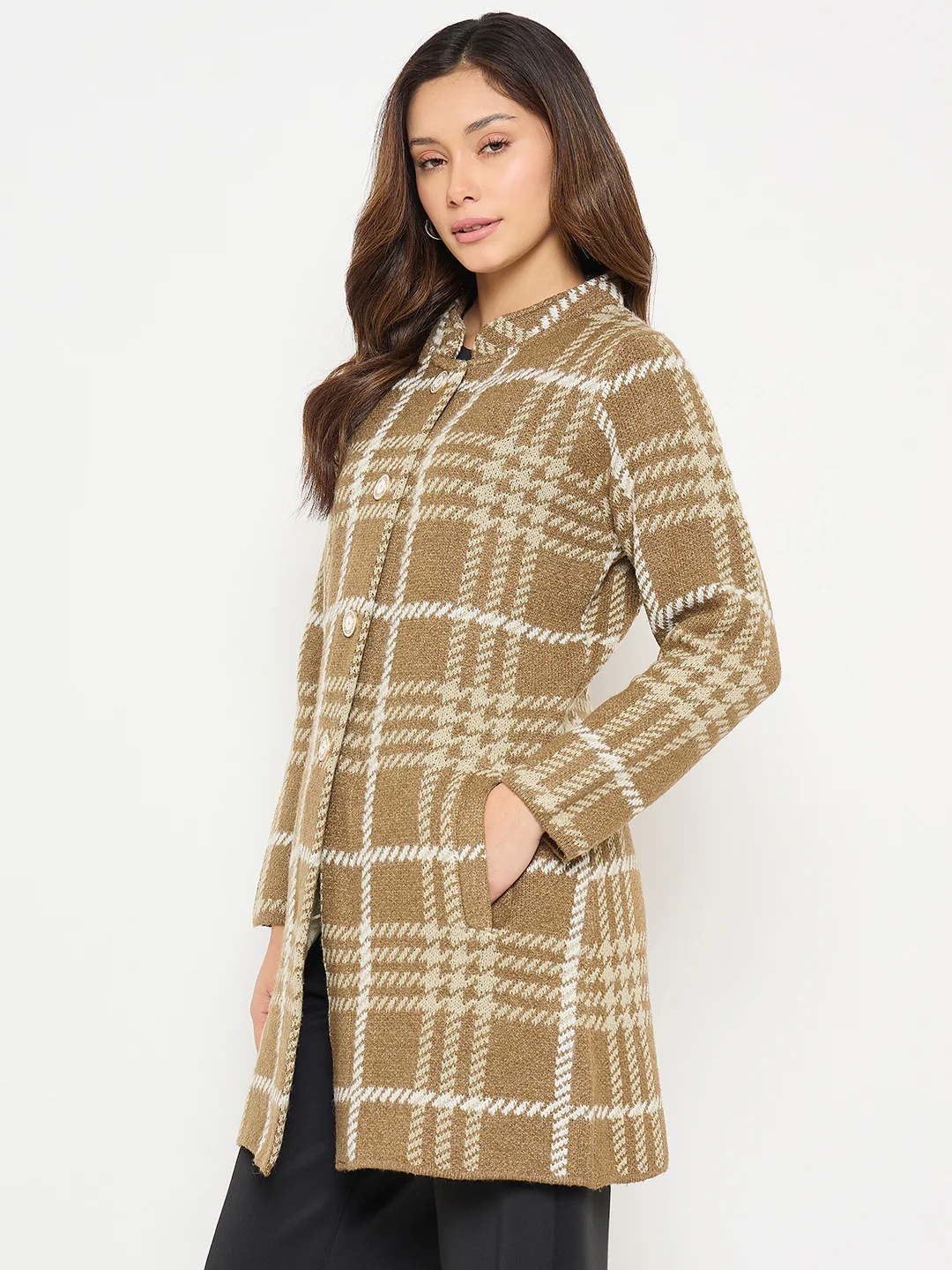 Madame Checkered Long Cardigan with Buttons - Image 5