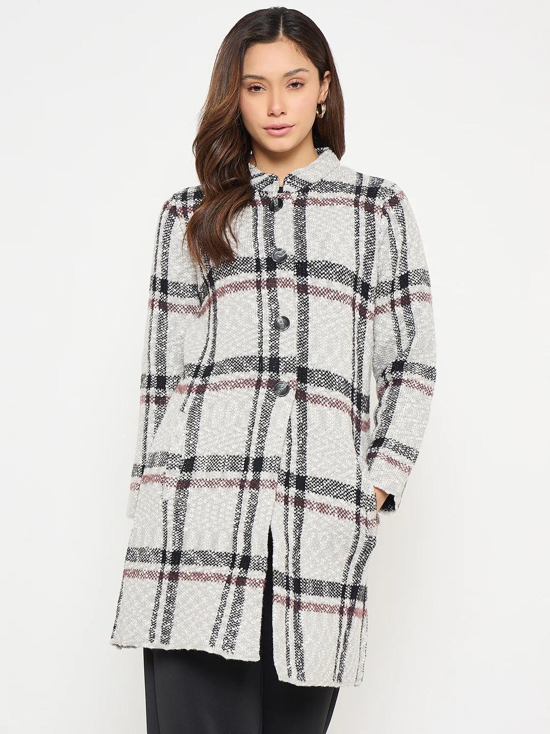 Madame Plaid Print Grey Long Cardigan - Image 2