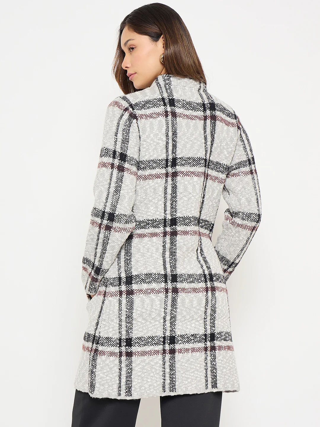 Madame Plaid Print Grey Long Cardigan - Image 5