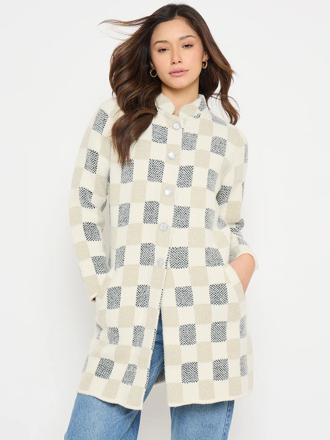 Madame Colorblock Mandarin Collar Long Cardigan - Image 3