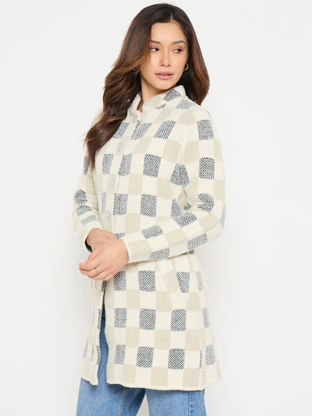 Madame Colorblock Mandarin Collar Long Cardigan - Image 4