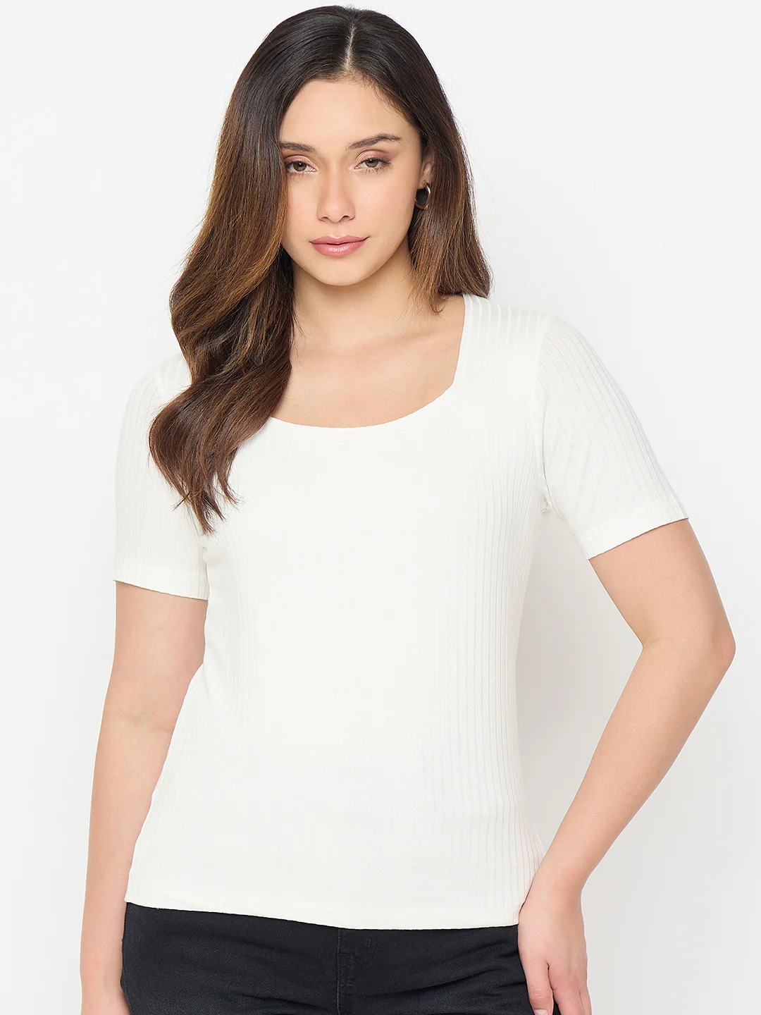Madame White Rayon Blend Solid T-shirt