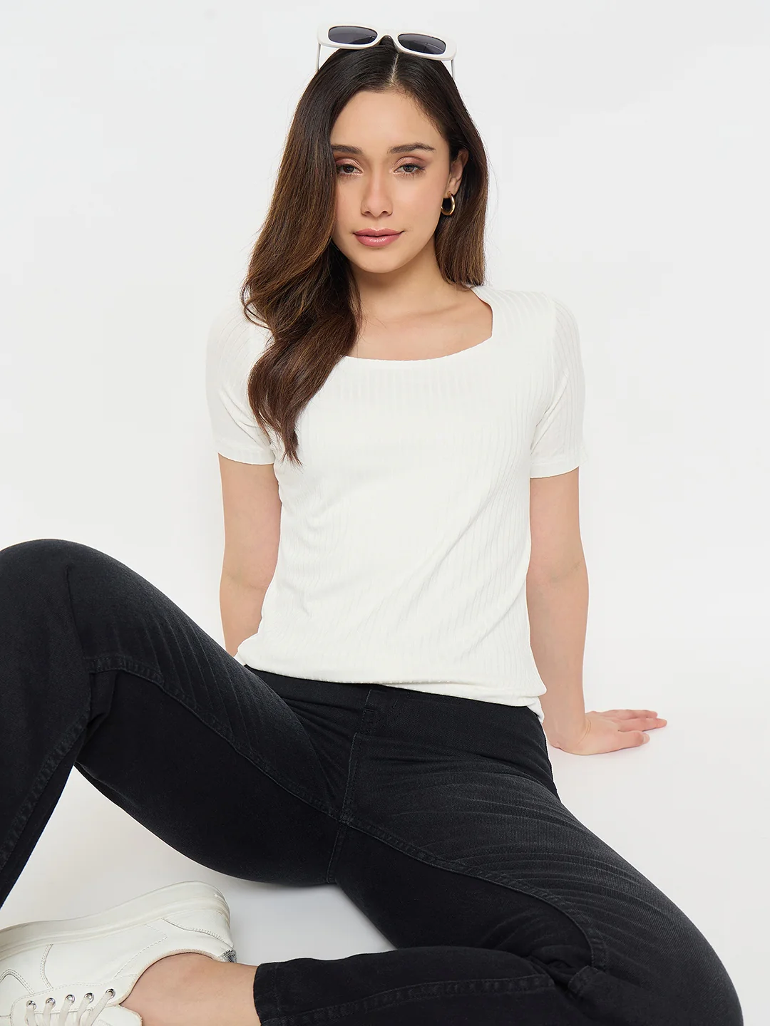Madame White Rayon Blend Solid T-shirt - Image 2