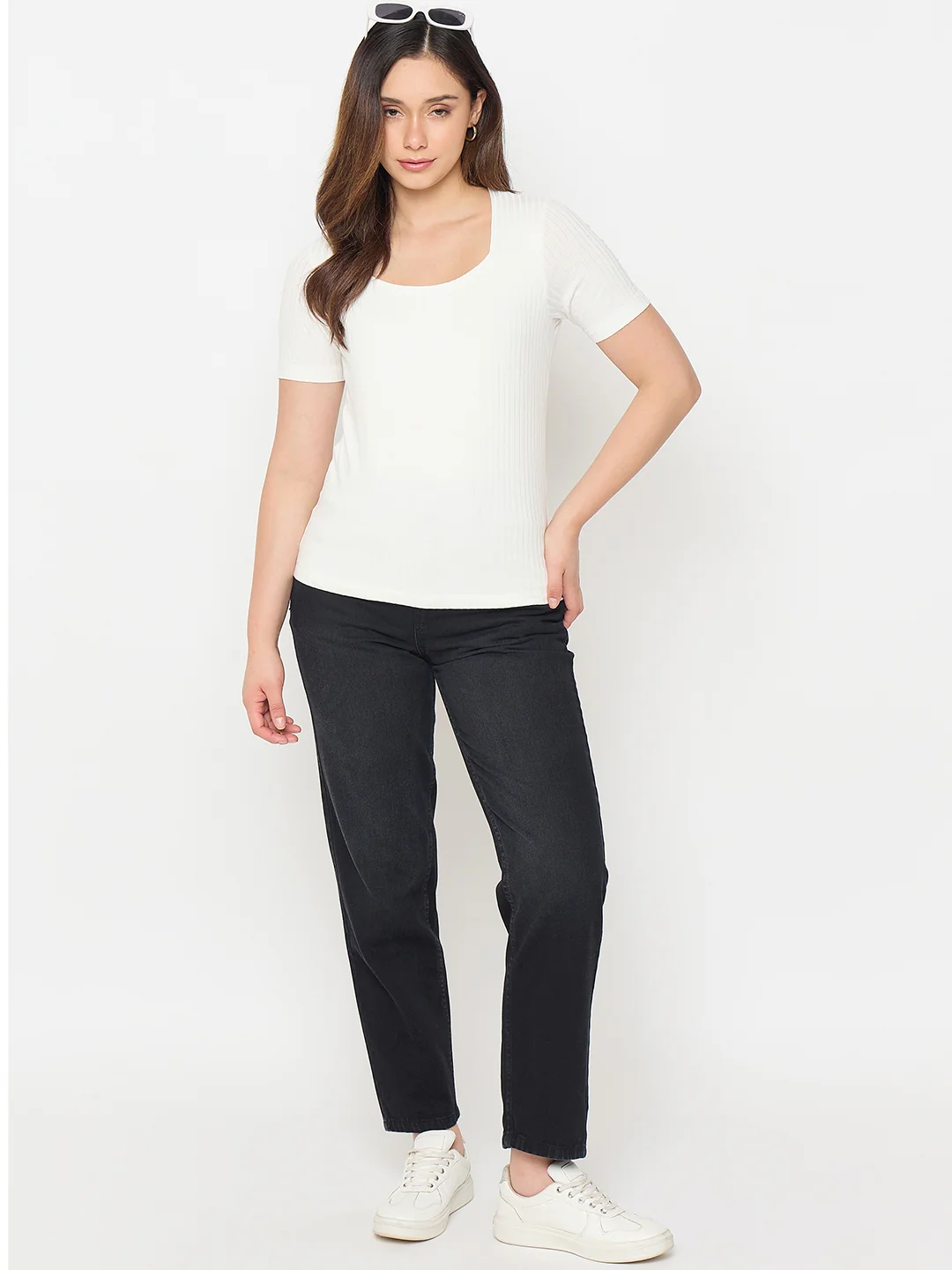 Madame White Rayon Blend Solid T-shirt - Image 3
