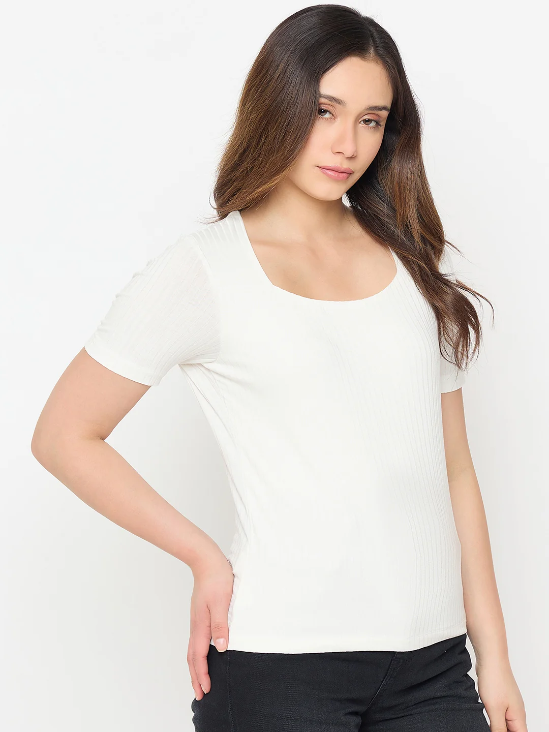 Madame White Rayon Blend Solid T-shirt - Image 4