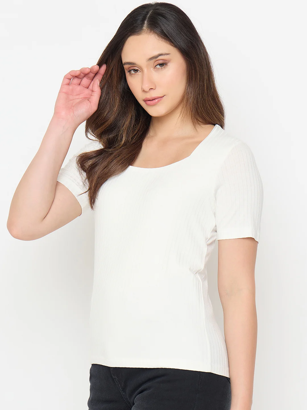 Madame White Rayon Blend Solid T-shirt - Image 5
