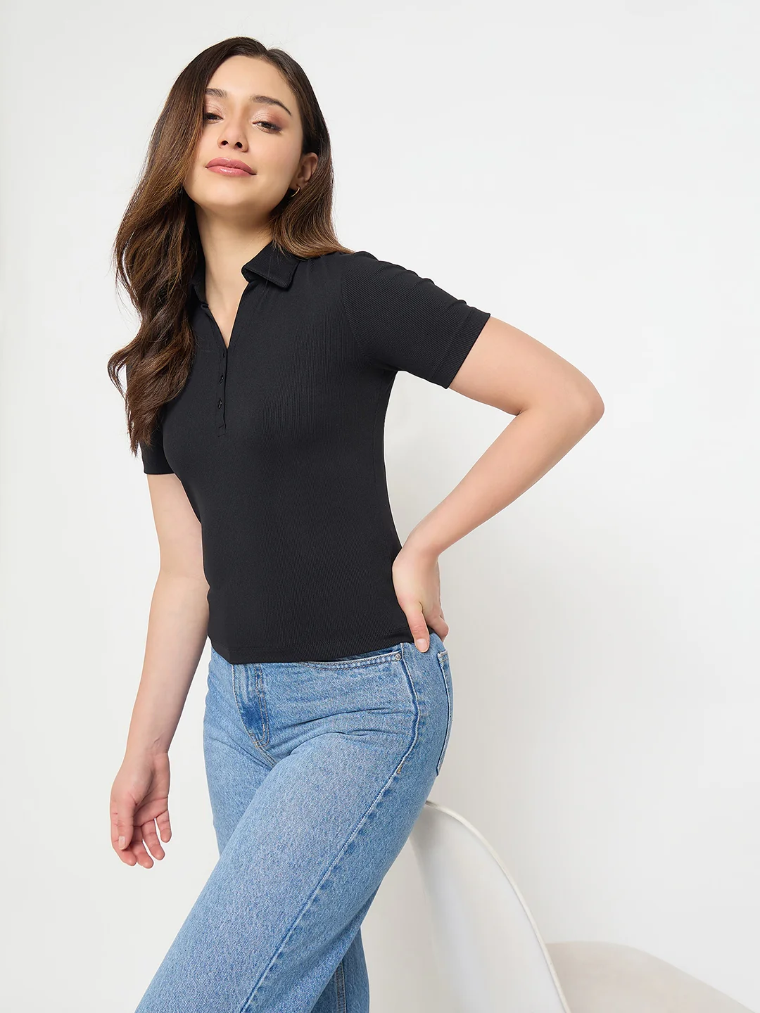 Madame Black Solid Polo T-Shirt