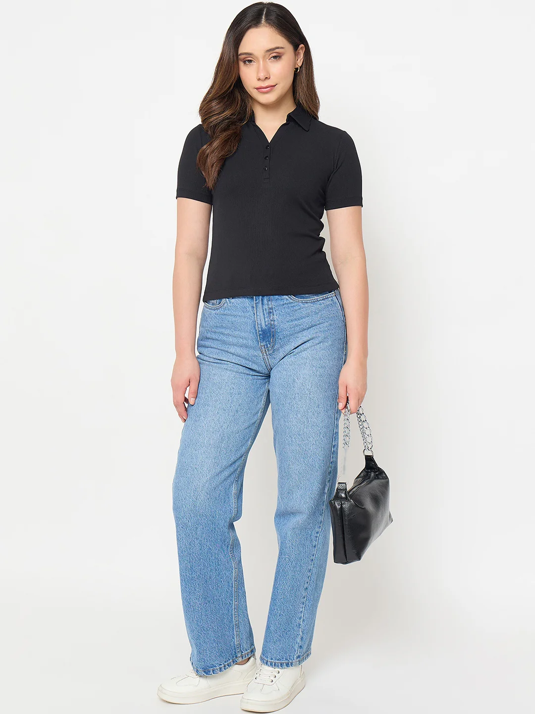 Madame Black Solid Polo T-Shirt - Image 2