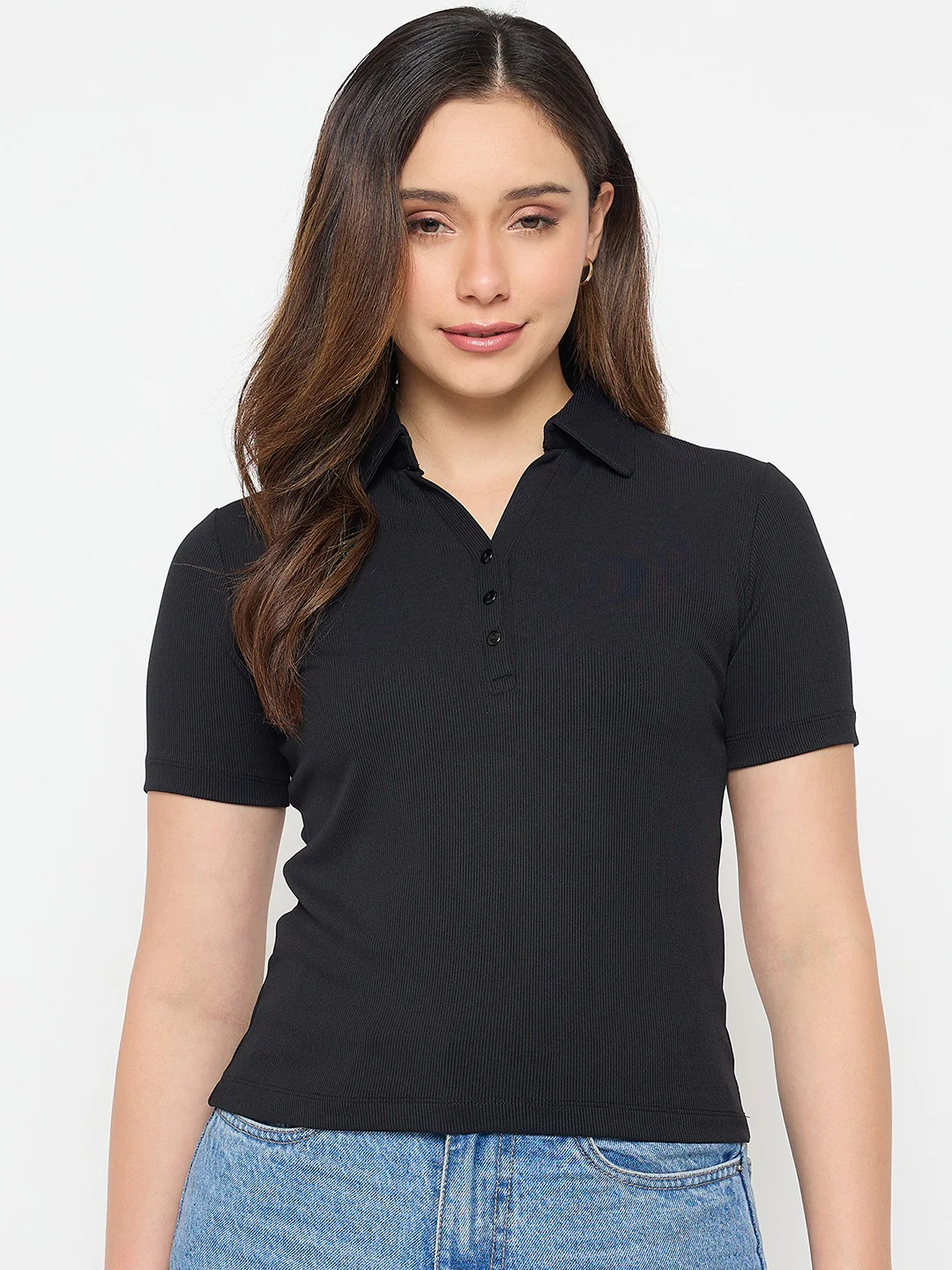 Madame Black Solid Polo T-Shirt - Image 3