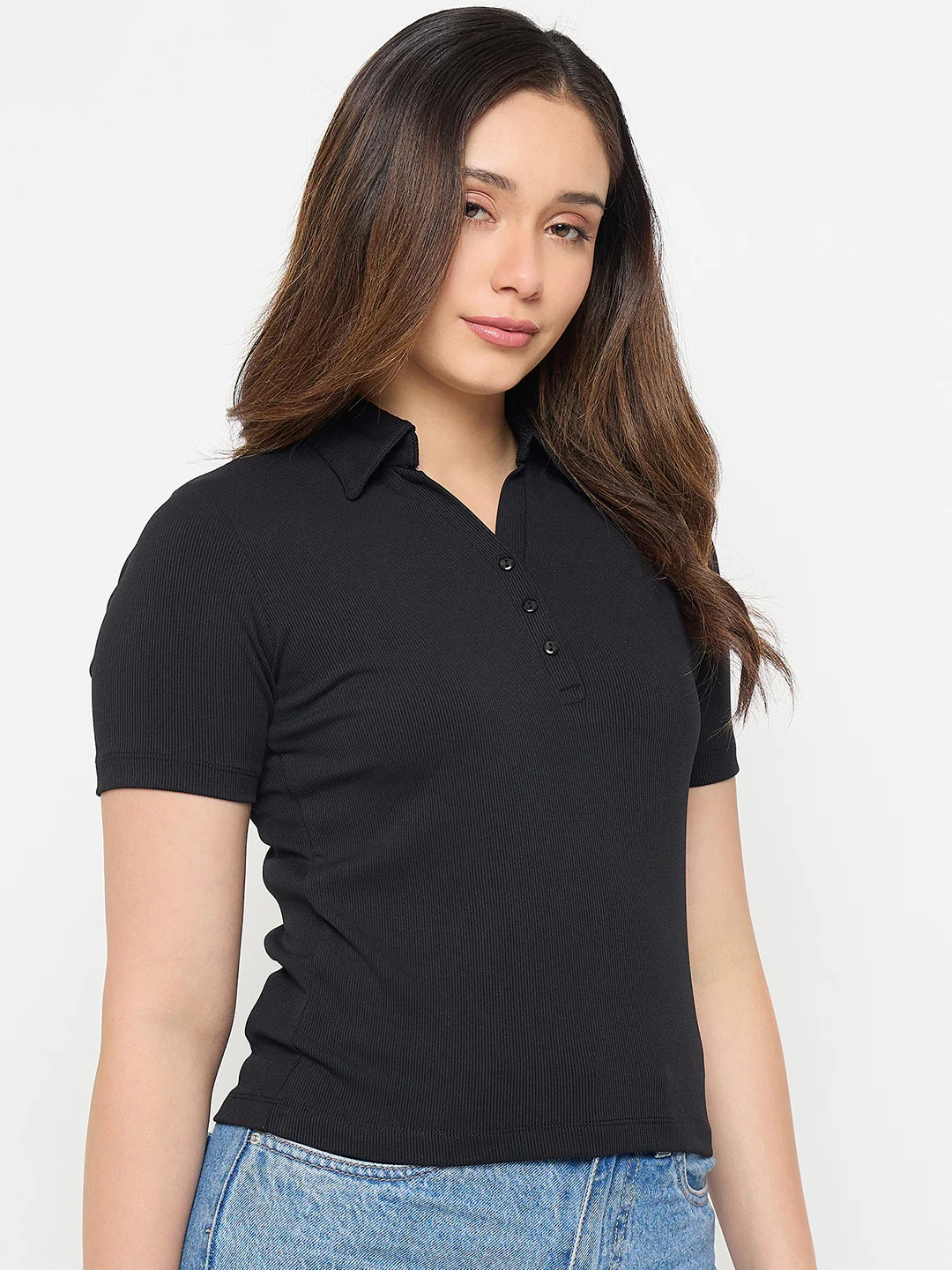 Madame Black Solid Polo T-Shirt - Image 4